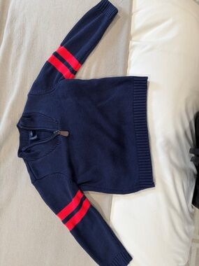 Janie and Jack Navy Half-Zip Sweater with Red Sleeve Stripes
